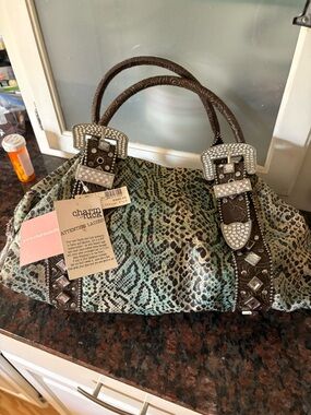 Charm Handbag Green Snake-Print Shoulder Bag with Rhinestone Buckle Details